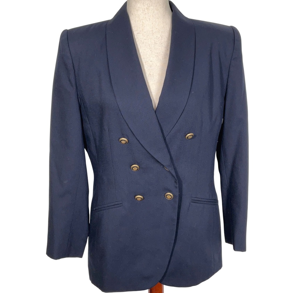 Kasper ASL Blazer Women 10P Navy Double Breasted Gold Retro Button Traditional